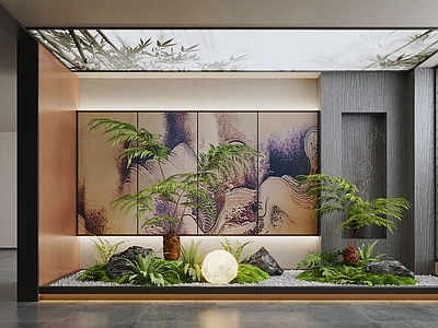 新中式室内景观 小品 室内 室内 苔藓植物 植物堆