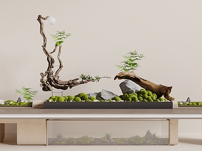 现代枯木绿植摆件 苔藓绿植 旧木头 景观小品