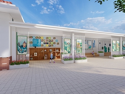 现代学校门卫室 校园等候区 校园文化长廊