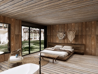 侘寂风民宿客房 双人床 挂画 书桌椅