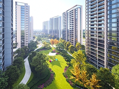 现代住宅半鸟瞰 高层住宅区 内廷半鸟瞰景观 中央园林景观 中轴住宅景观