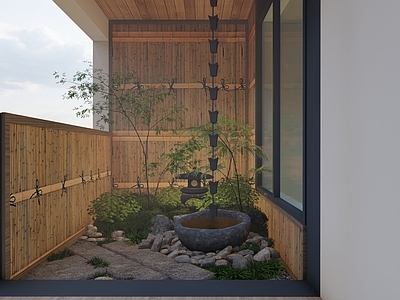 中式禅意室内景观 屋顶花园 造景 杂木造景 菊花碳 老石板 雨链水钵 竹篱笆