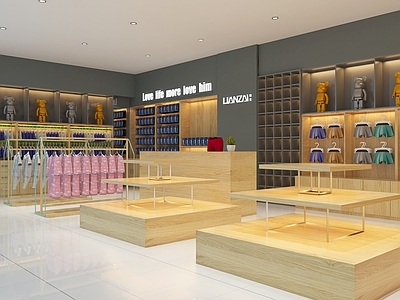 现代原木服装店 男士内衣 洞洞板 货架 格子架 暴力熊摆件 儿童店