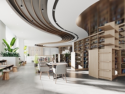 现代新中式图书馆 阅览室 图书室 书吧 组合 书店