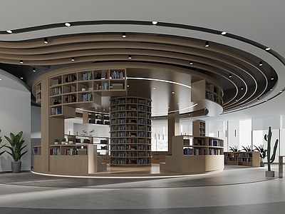 现代新中式图书馆 阅览室 图书室 书吧 旋转书柜 书店