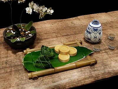 食物饮料 中式点心 端午粽子 绿豆糕 茶壶茶杯 中式小吃摆盘