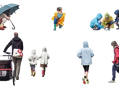 多人 雨天雨衣散步 儿童打雨伞 儿童戏水 雨天学生