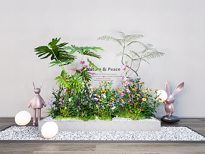 植物组合 现代室内景观造景 植物组合花草花镜 绿植盆栽 兔子灯小品