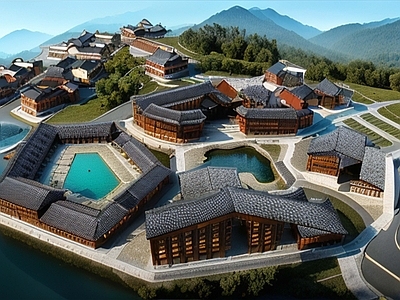 中式现代民宿建筑 民宿建筑 传统建筑 山地 建筑群 乡间民宿