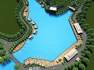 新中式鸟瞰规划 内陆湖规划鸟瞰图 水库钓鱼台 民宿 旅游景点 产业园鸟瞰