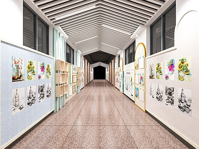 现代其他学校空间 学校走廊 学校过道 作品展示墙 通道