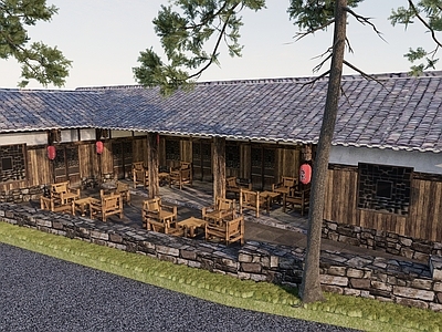 复古民宿建筑 乡村民宿 民宿餐厅 竹桌椅