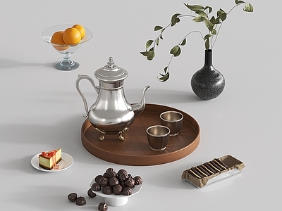 茶具 茶壶茶杯 花卉 托盘 食物水果