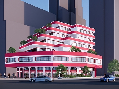 现代酒店建筑 多层红白现代酒店
