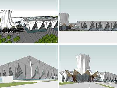 现代新中式展览馆建筑 展览馆 文化馆 异形 三角形 花