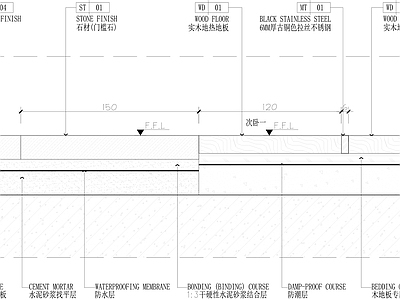 现代地面节点 石材槛石 木地板槛石收口 施工图