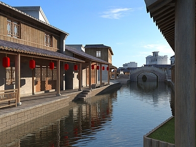 中式商业街 沿河商业街 沿河古建筑 滨水商业街