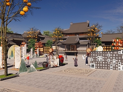 中式古建筑 中式古建筑戏台 古代楼阁广场 古镇文化广场 旅游古街广场景观 商业古街不夜城