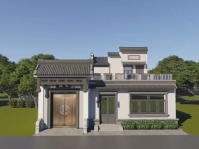 新中式复古乡村民房 徽派建筑院子住宅