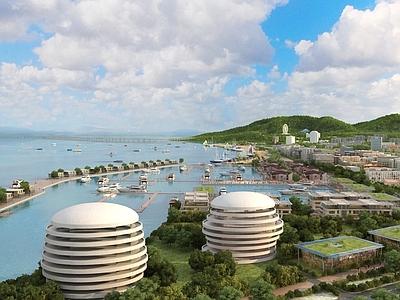 现代其他景观 现代海边度假区场 鸟瞰图 帆船海港 海岛城市鸟瞰 跨海大桥