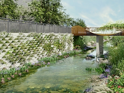现代滨水景观 河道垂直绿化 造型桥 生态河道 排渠设计 碧道绿道