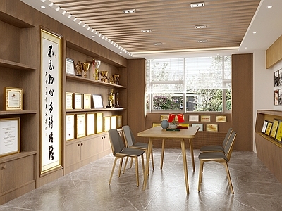 现代新中式党建展厅 现代荣誉室 奖杯奖状 荣誉展示墙 奖杯展示柜 奖状展示柜
