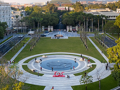 现代校园景观 大学入口地刻水景 下沉广场草坪景观 校园学校轴线 艺术躺椅 景观灯柱