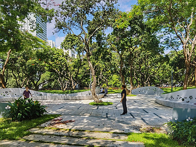 现代口袋公园 花瓣元素镂空景墙 条形条石座椅坐凳 景墙座椅 弧形坐凳