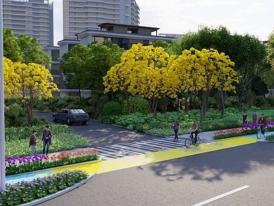 现代景观公园 道路骑行道人行道 花瓣元素斑马线 结合骑行道景观