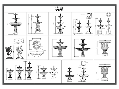 现代欧式工装图库 喷泉跌水 欧式水景 水池涌泉 景观喷泉 广场景观 施工图 工装图库