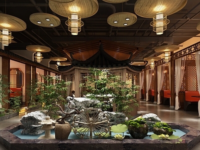 新中式中式中餐厅 水景 廊亭 中式餐厅 餐桌组合 国潮风