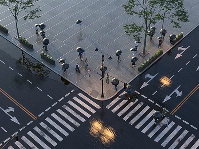 现代广场景观 打伞人 街道多人