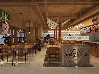 现代新中式茶餐厅 中餐厅面馆糖水店 餐厅餐桌椅组合 入门景观小品 餐厅墙饰霓虹灯 卡座区就餐区