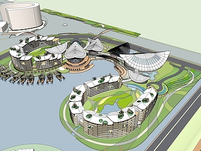 现代展览馆建筑 博物馆 滨水 叶子 坡屋顶 灰空间