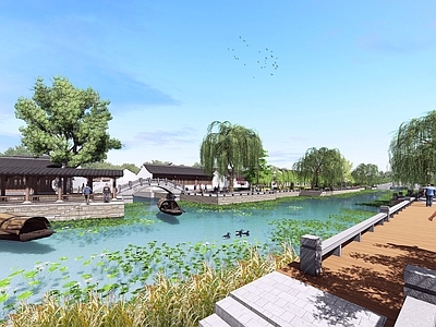 新中式中式古建筑 古 商业街 水街 水景