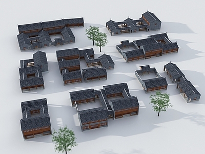 新中式中式古建筑 古建合院 中式鸟瞰规划 中式鸟瞰拼模组团 中式民居组团
