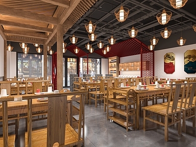 新中式火锅店 新中式椅 造型墙 中式屋檐建筑