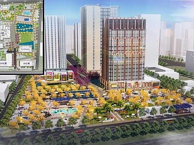 现代简欧广场景观 地铁商场景观 黄花风铃木景观 酒店公寓楼 创业园产业园园林 云朵主题商业景观