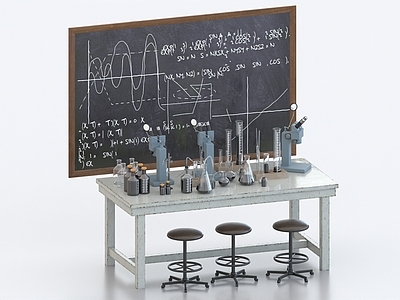 现代摆件组合 实验器材 实验桌 实验道具 实验室 化学实验 支架 化学试剂 烧杯 黑板 量筒