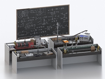现代摆件组合 实验器材 实验桌 实验道具 实验室 化学实验 支架 化学试剂 烧杯 黑板 实验仪器