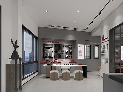 现代极简其他店铺 门窗展厅 功法展示区 洽谈桌 前台 五金配件墙