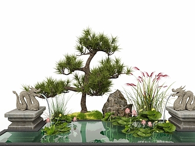 禅意庭院小品 中式庭院景观 植被配景 水景荷花 龙