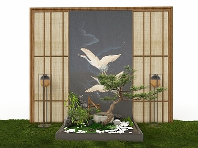 禅意庭院小品 中式日式禅意 庭院景观 植物配景 仙鹤