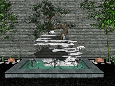 禅意庭院小品 中式禅意庭院景观 假山 竹子造型松 植物配景