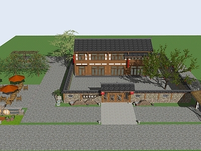 中式新中式乡村民房 农家小院 木结构 坡屋顶 瓦房