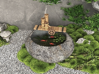 中式日式水景 石槽鱼池 庭院造景景观 石臼水景 新中式流水摆件