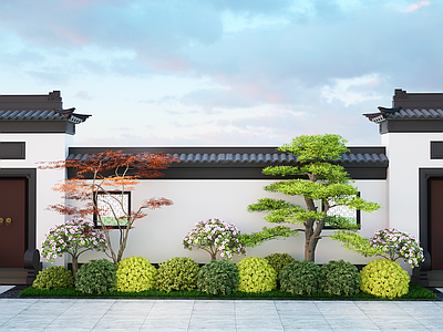 新中式庭院小品 新中式庭院景观 花境植物花团 松树红枫植物搭配 球形灌木 网红花草植物组合