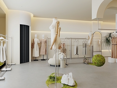 现代侘寂服装店 侘寂风女装服装店 侘寂风服装箱包店 服装展示架 服装店室内 服装店等候