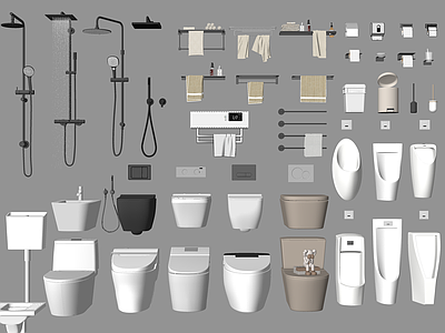 现代卫生间 马桶 小便盆 花洒 毛巾架