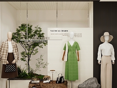 现代服装店 服装店橱窗展示区 商场服装店橱窗 服装店模特假人 服装店橱窗景观 店铺入门景观小品